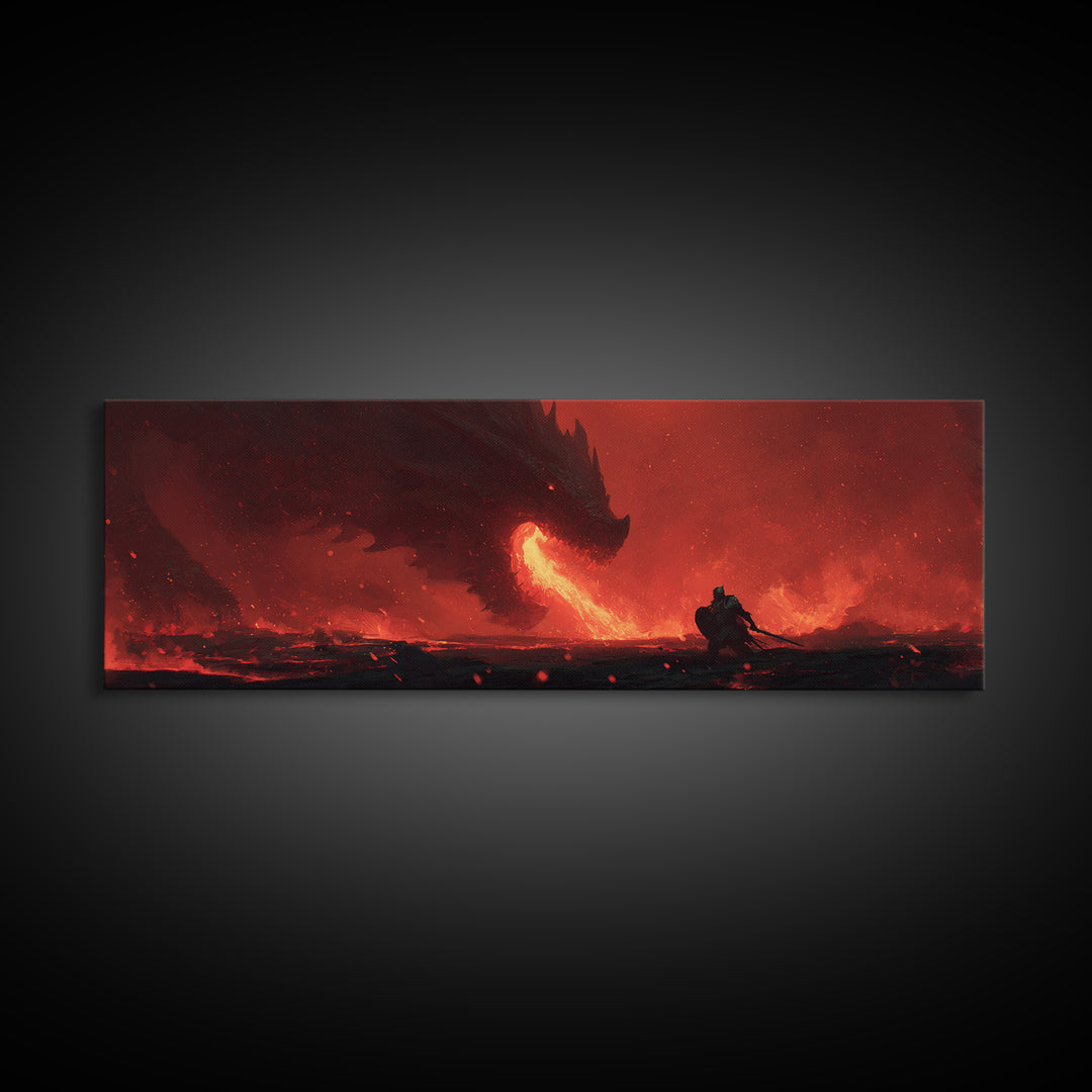 Dramatic Canvas Print Depicting Brave Knight Facing Ferocious Fire Breathing Dragon In Fiery Red Landscape Epic Fantasy Wall Art For Home And Office Decor