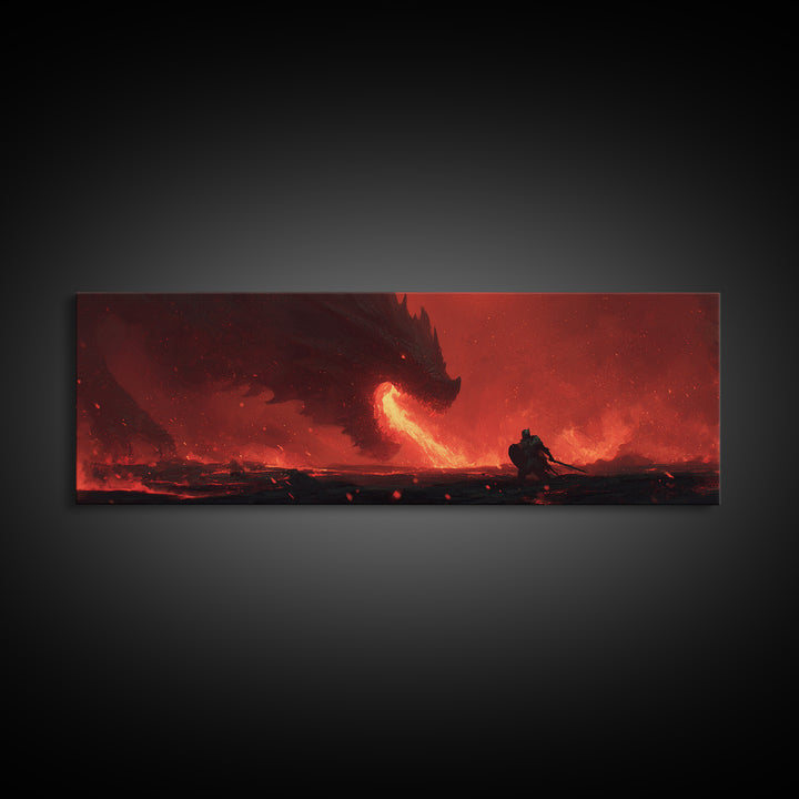 Dramatic Canvas Print Depicting Brave Knight Facing Ferocious Fire Breathing Dragon In Fiery Red Landscape Epic Fantasy Wall Art For Home And Office Decor