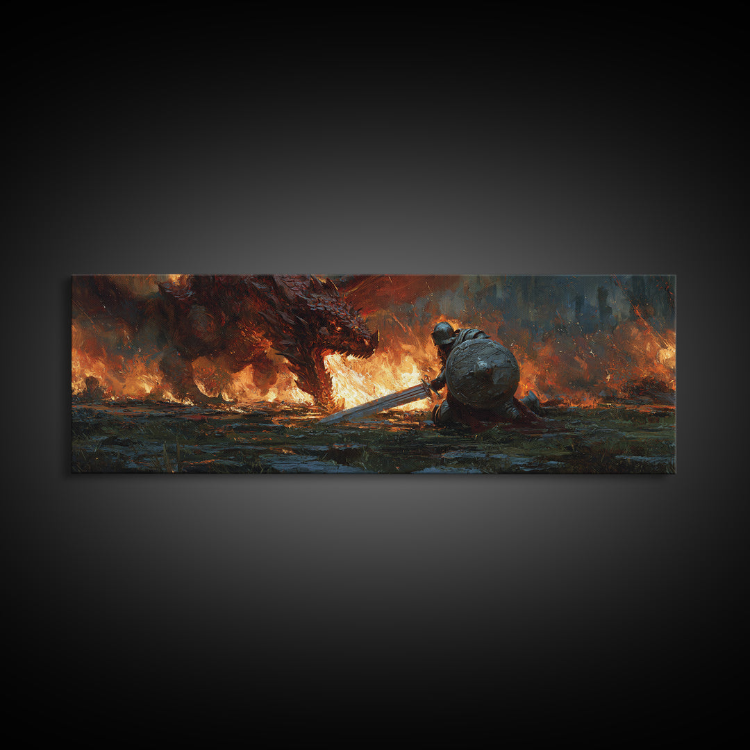 Heroic Knight Facing Fiery Dragon Fantasy Battle Scene Canvas Print Modern Wall Art For Living Room Or Game Room Decor