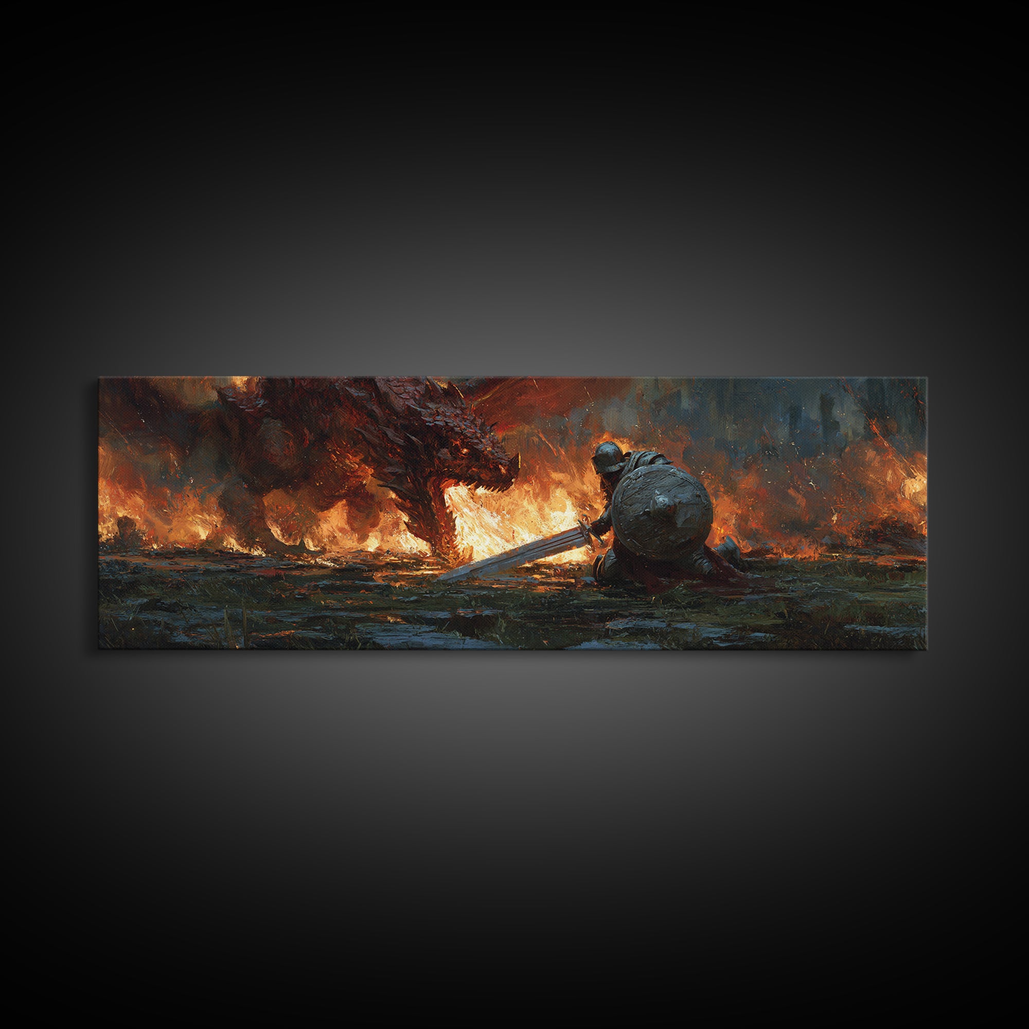 Heroic Knight Facing Fiery Dragon Fantasy Battle Scene Canvas Print Modern Wall Art For Living Room Or Game Room Decor