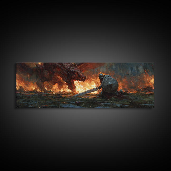 Heroic Knight Facing Fiery Dragon Fantasy Battle Scene Canvas Print Modern Wall Art For Living Room Or Game Room Decor