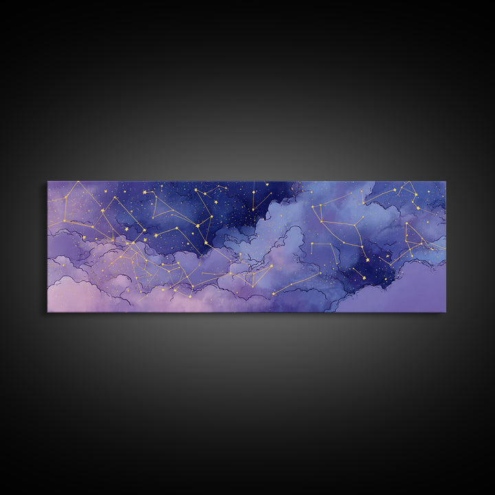 Purple Night Sky With Gold Constellations Wall Art, Celestial Wall Decor, Astronomy Art Print, Large Horizontal Canvas Print