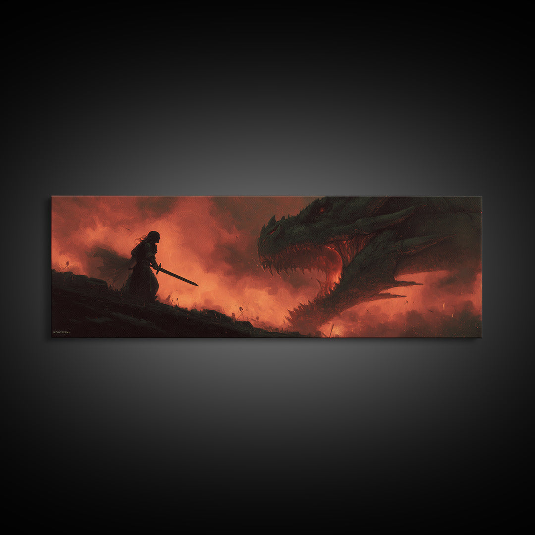 Epic Battle Between Warrior And Dragon Fantasy Painting Wall Art Print Framed Canvas Print For Living Room Home Decor