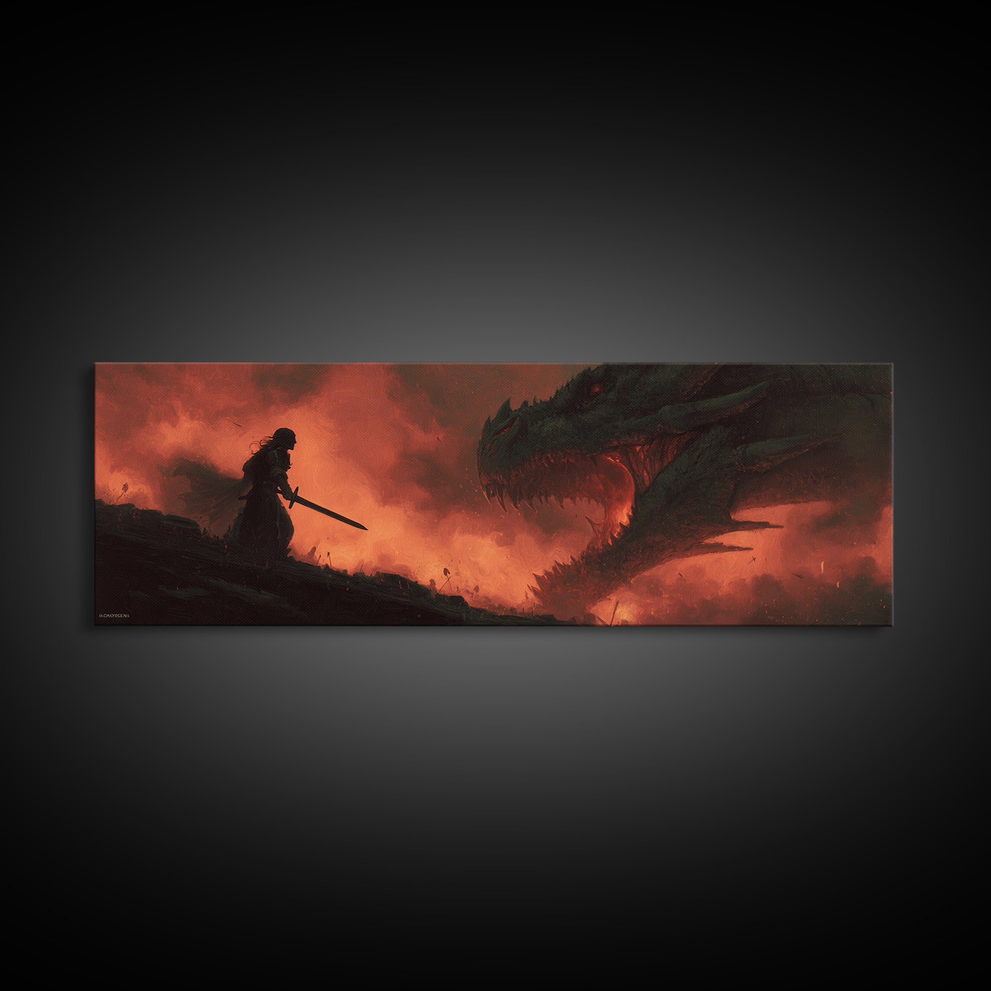 Epic Battle Between Warrior And Dragon Fantasy Painting Wall Art Print Framed Canvas Print For Living Room Home Decor