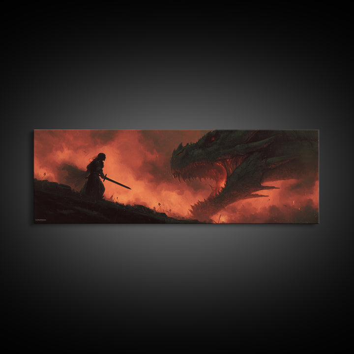 Epic Battle Between Warrior And Dragon Fantasy Painting Wall Art Print Framed Canvas Print For Living Room Home Decor