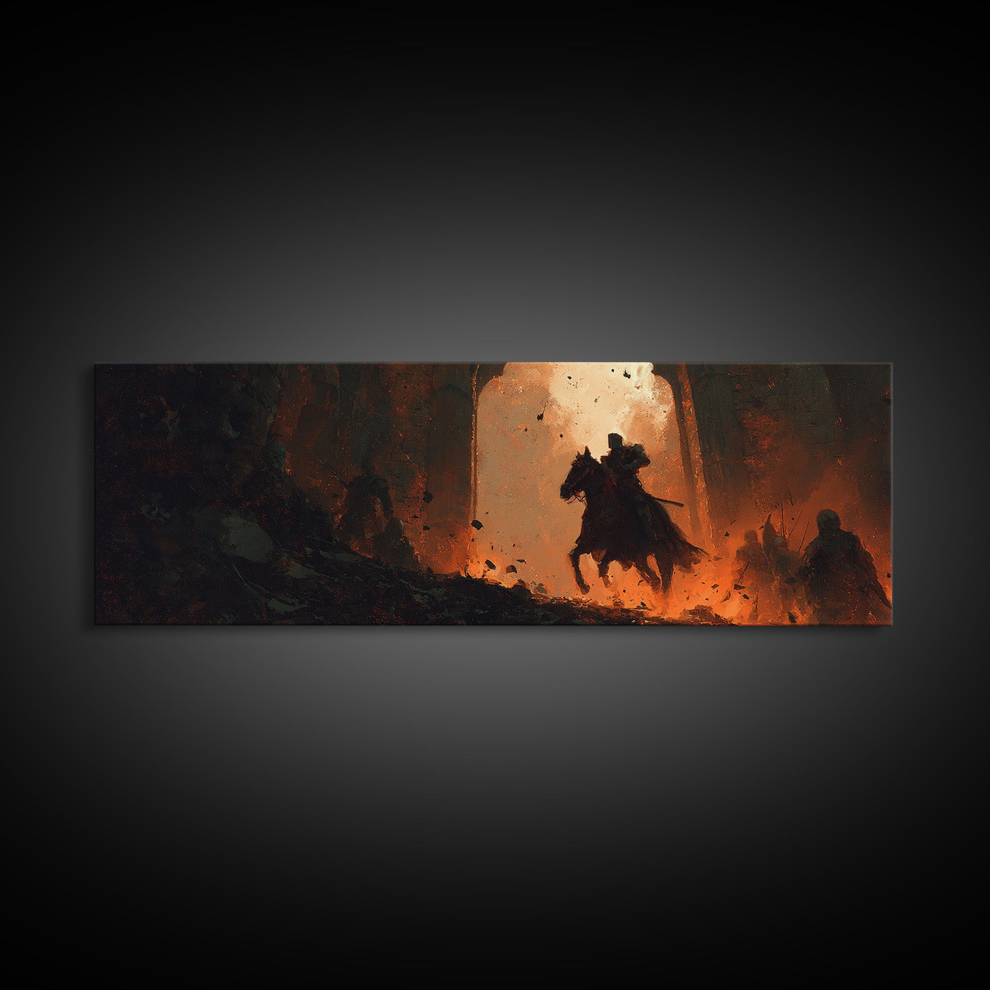 Dramatic Medieval Knight With Sword Riding Horse Through Fiery Castle Gate Abstract Wall Art