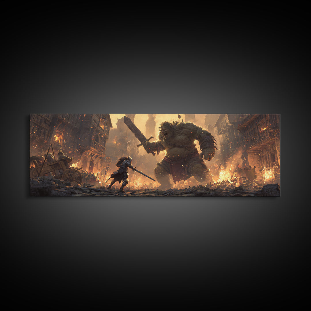 Fantasy Art Scene Of Knight Fighting Giant Ogre In Burning Medieval Town Wall Art Framed Canvas Print