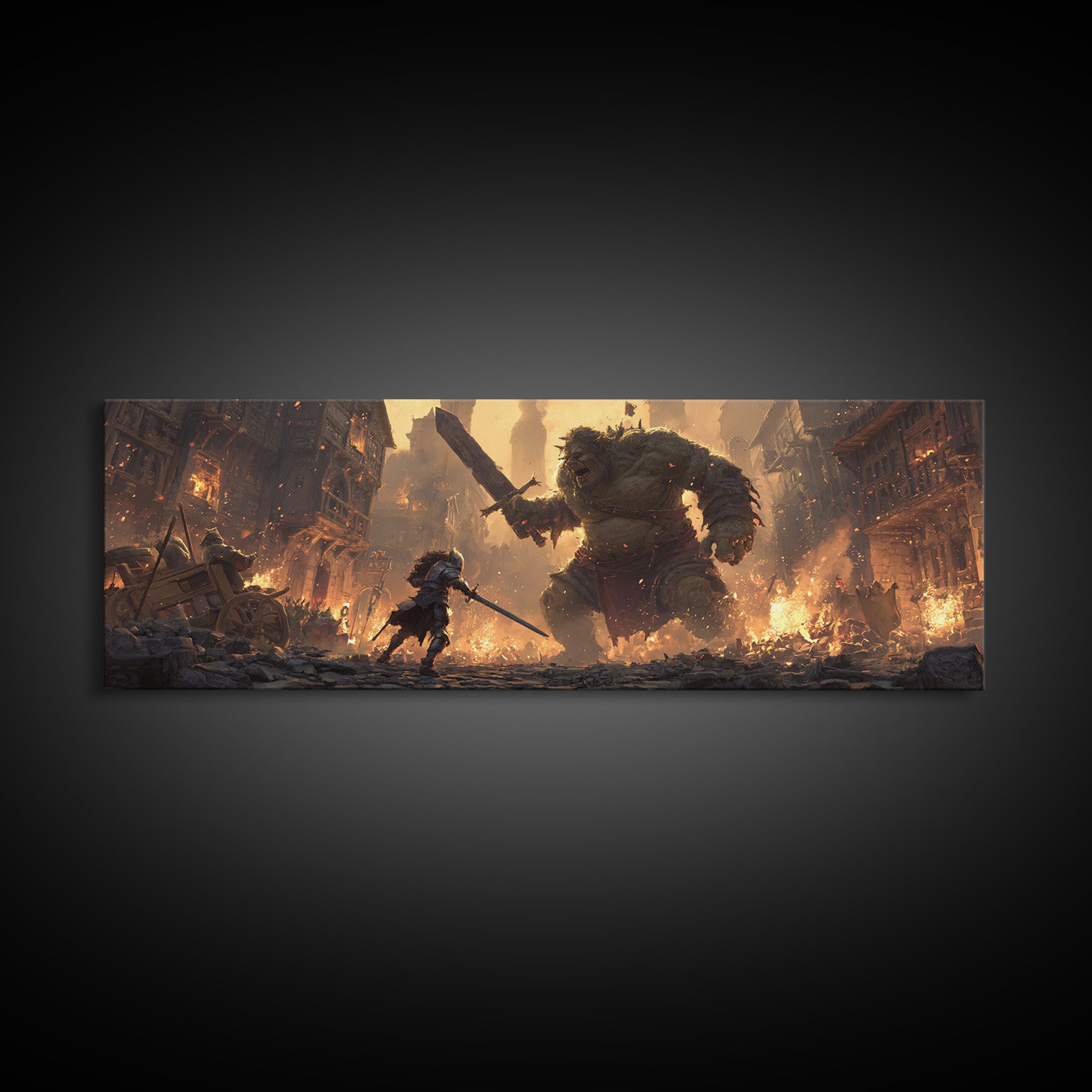 Fantasy Art Scene Of Knight Fighting Giant Ogre In Burning Medieval Town Wall Art Framed Canvas Print
