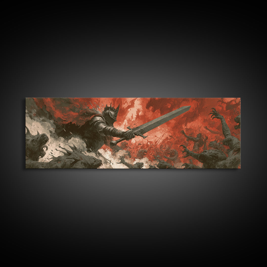 Epic Armored Knight Battling Dark Creatures In Fiery Fury Fantasy Canvas Print For Dramatic Wall Art Decor