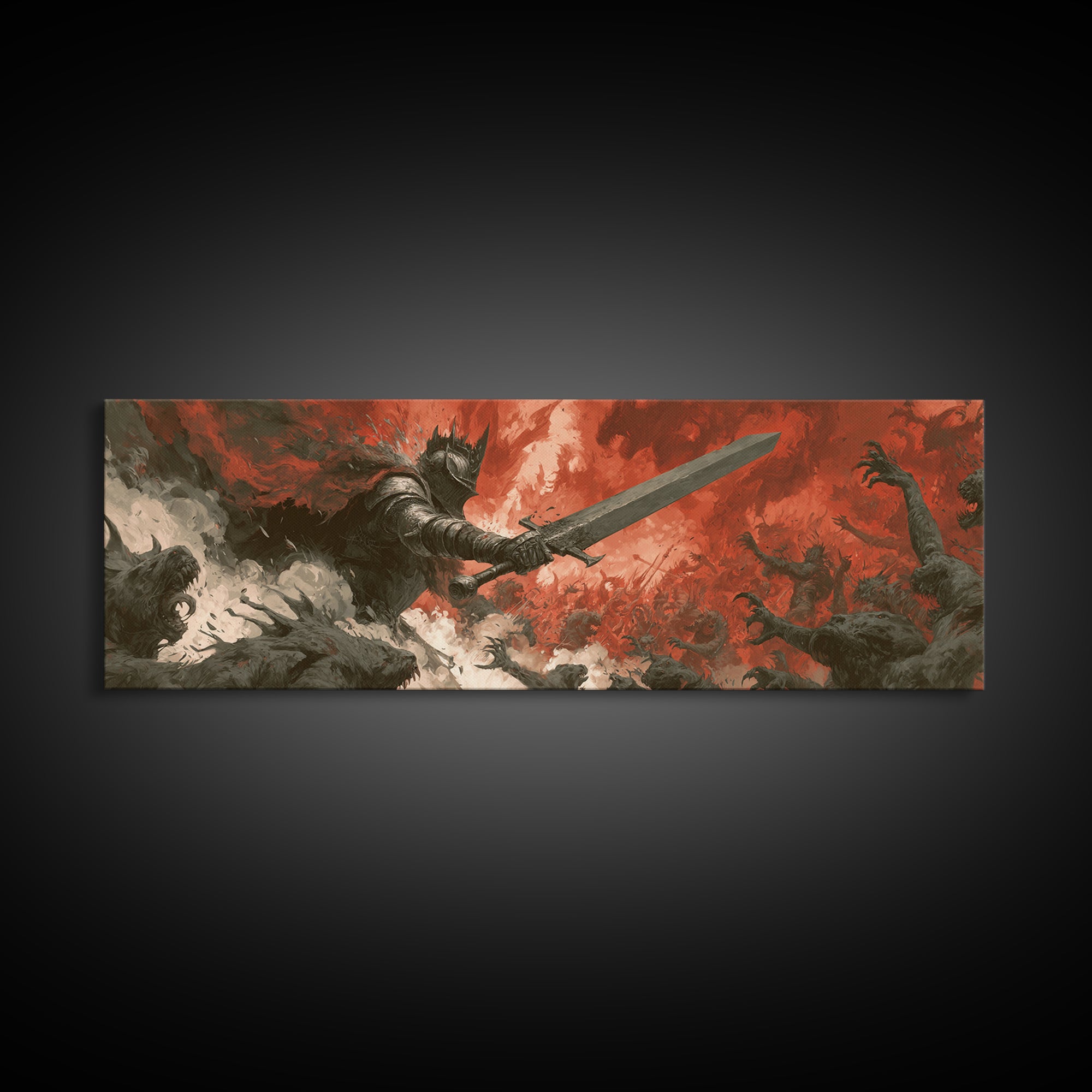 Epic Armored Knight Battling Dark Creatures In Fiery Fury Fantasy Canvas Print For Dramatic Wall Art Decor
