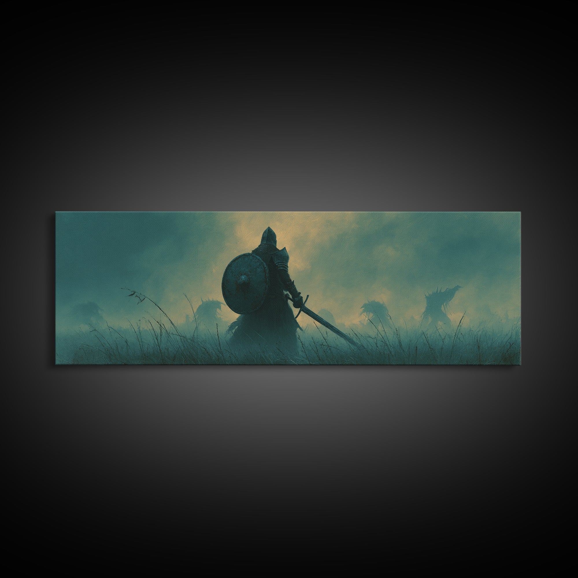 Brave Knight Standing Before Shadowy Dragon Figures Surrounded By Fog Canvas Print Large Wall Art For Dark Fantasy Decor