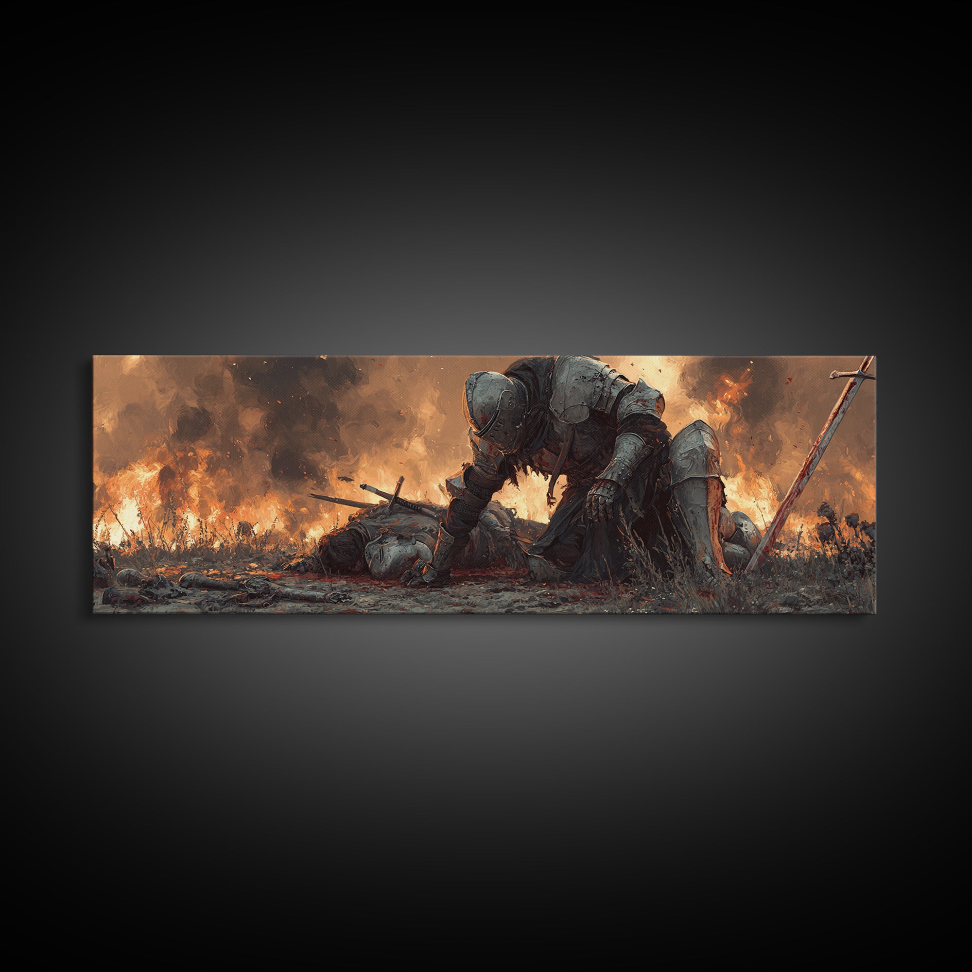 Epic Knight And Fallen Warrior Medieval Battle Scene Dramatic Oil Painting Style Wall Art Canvas Print