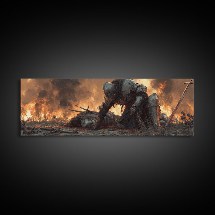Epic Knight And Fallen Warrior Medieval Battle Scene Dramatic Oil Painting Style Wall Art Canvas Print
