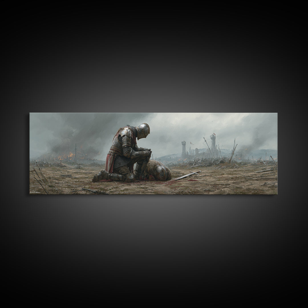Medieval Knight Mourning Fallen Comrade Battlefield Scene Oil Painting Canvas Print Wall Art For Decor