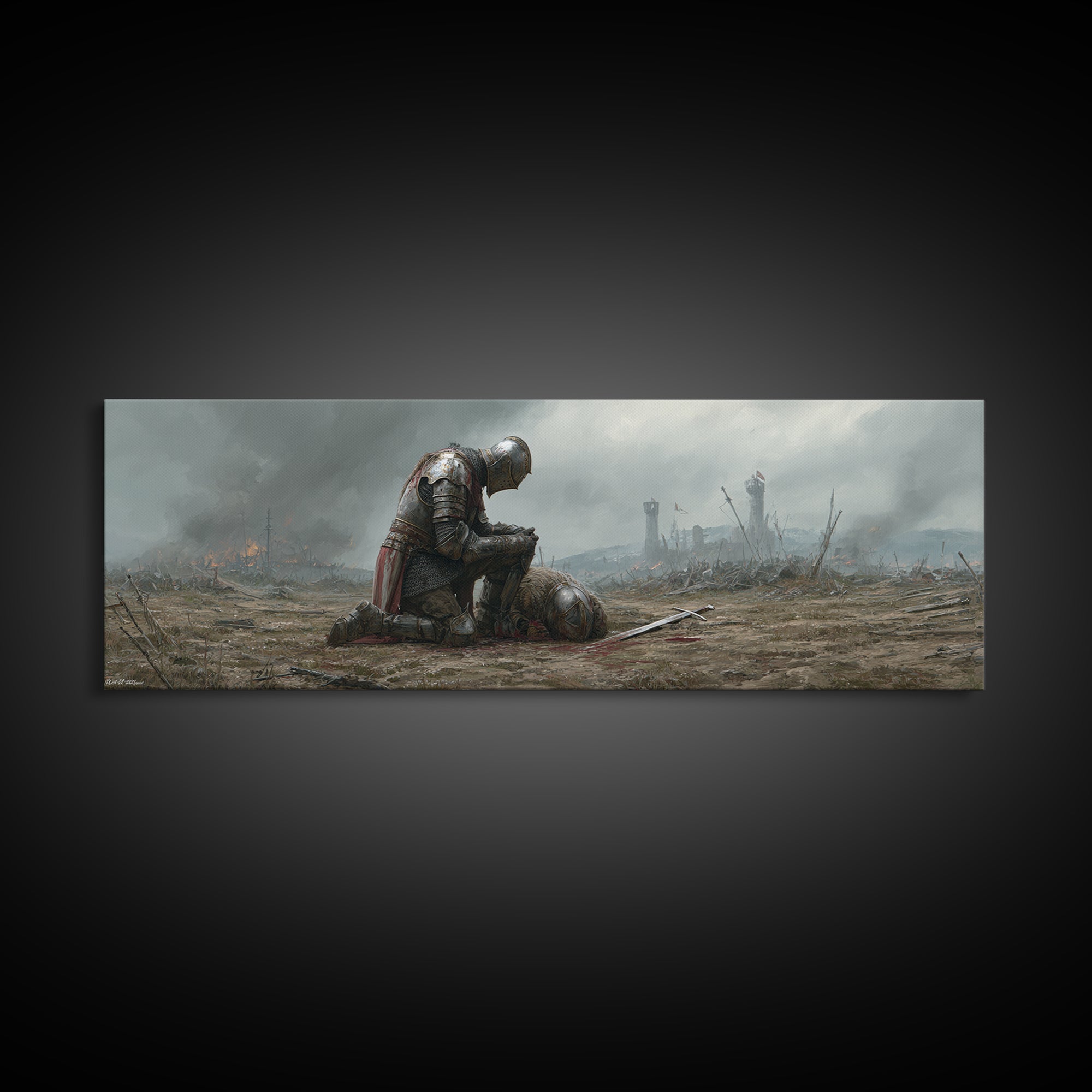 Medieval Knight Mourning Fallen Comrade Battlefield Scene Oil Painting Canvas Print Wall Art For Decor