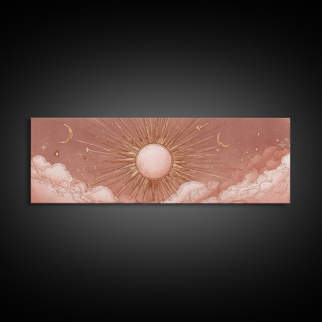 Rose Gold Sun And Twin Moons Wall Art, Celestial Wall Decor, Boho Bedroom Decor, Mystical Large Horizontal Framed Canvas Print