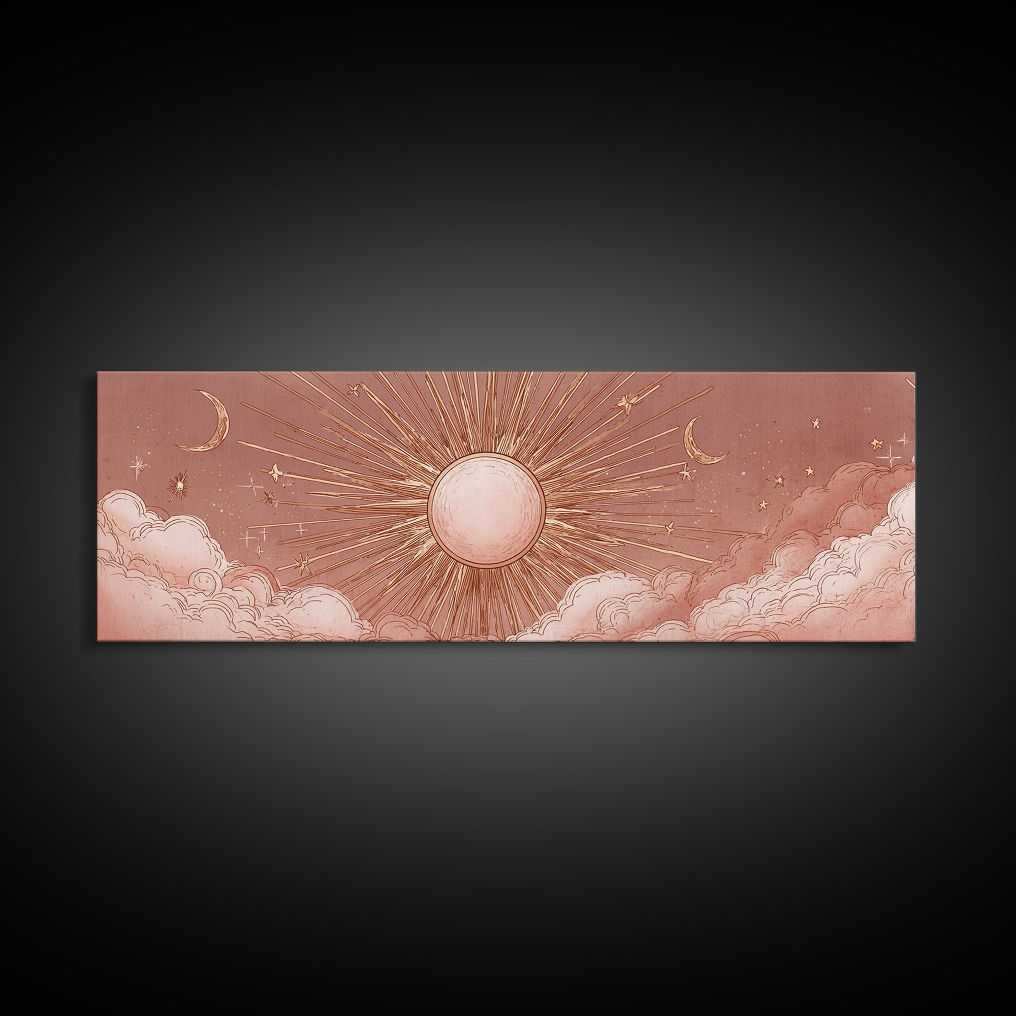 Rose Gold Sun And Twin Moons Wall Art, Celestial Wall Decor, Boho Bedroom Decor, Mystical Large Horizontal Framed Canvas Print