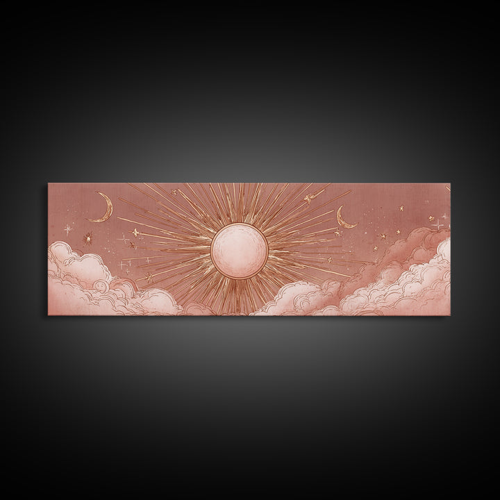 Rose Gold Sun And Twin Moons Wall Art, Celestial Wall Decor, Boho Bedroom Decor, Mystical Large Horizontal Framed Canvas Print