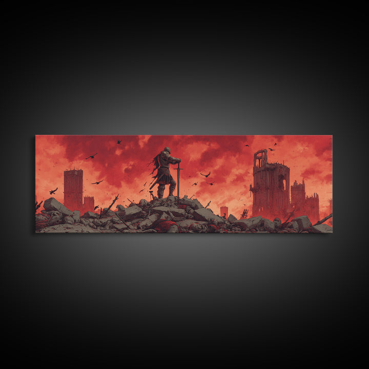 Epic Knight On Battlefield Amid Ruins With Dramatic Red Sky Wall Art Framed Canvas Print For Medieval Decor