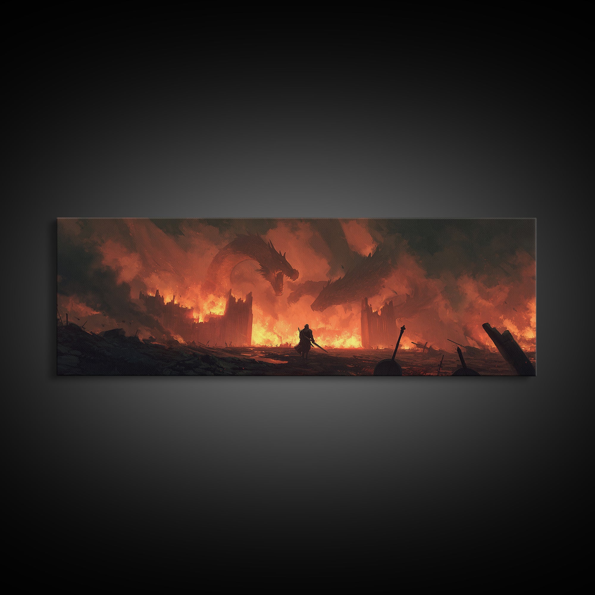 Epic Fantasy Warrior In Fiery Castle With Dragons Wall Art Canvas Print For Game Room Or Bedroom Decor