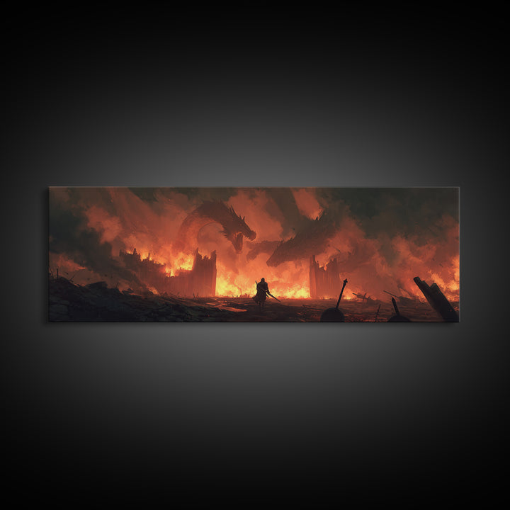 Epic Fantasy Warrior In Fiery Castle With Dragons Wall Art Canvas Print For Game Room Or Bedroom Decor