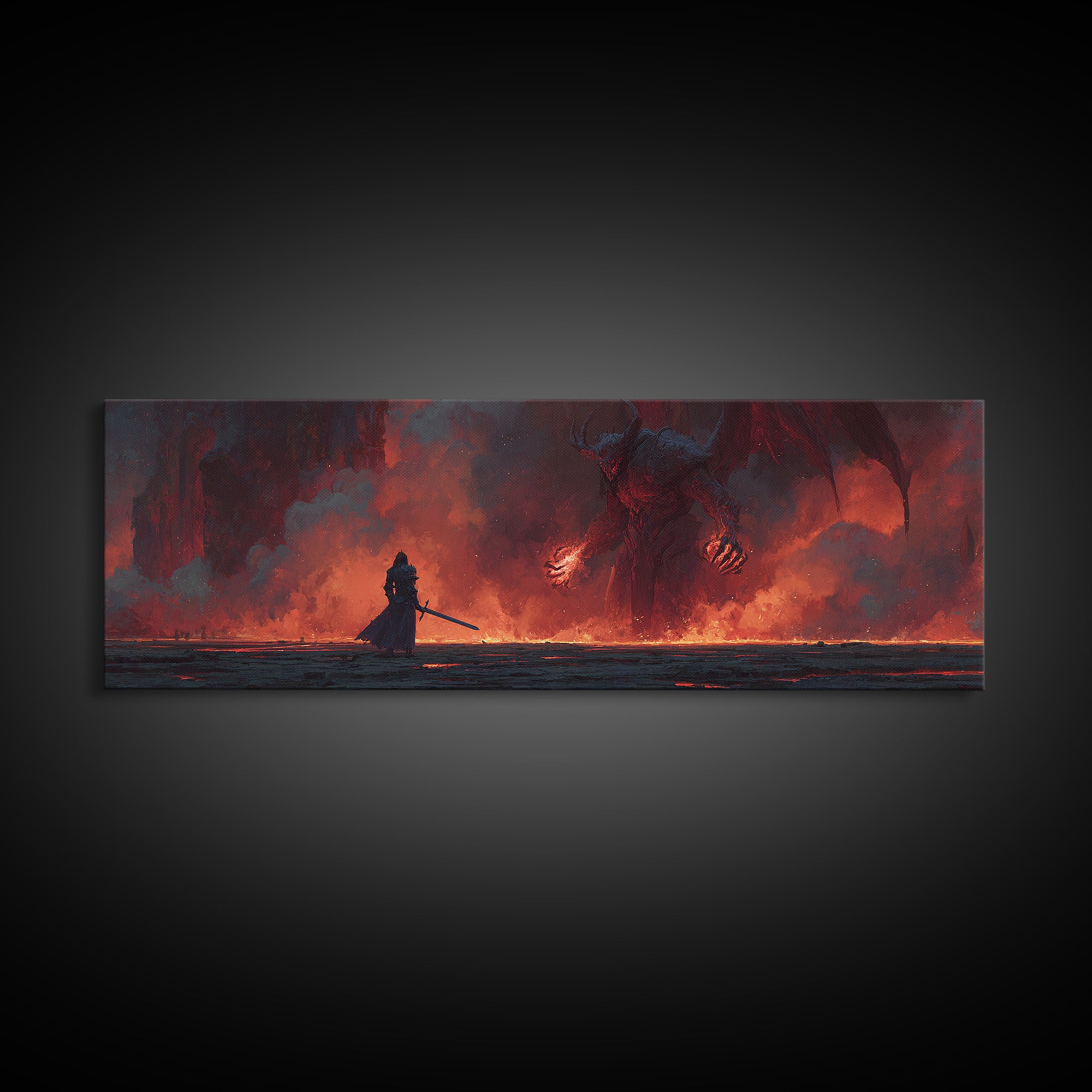 Heroic Fantasy Knight Facing Fiery Demon In Epic Battle Scene Wall Art Framed Canvas Print For Game Room, Bedroom, Or Fantasy Art Collectors Gift