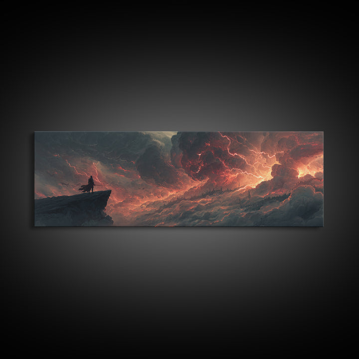 Epic Fantasy Warrior Standing On Cliff Amid Intense Fiery Sky - Dramatic Fantasy Wall Art Canvas Print For Bold Home Decor