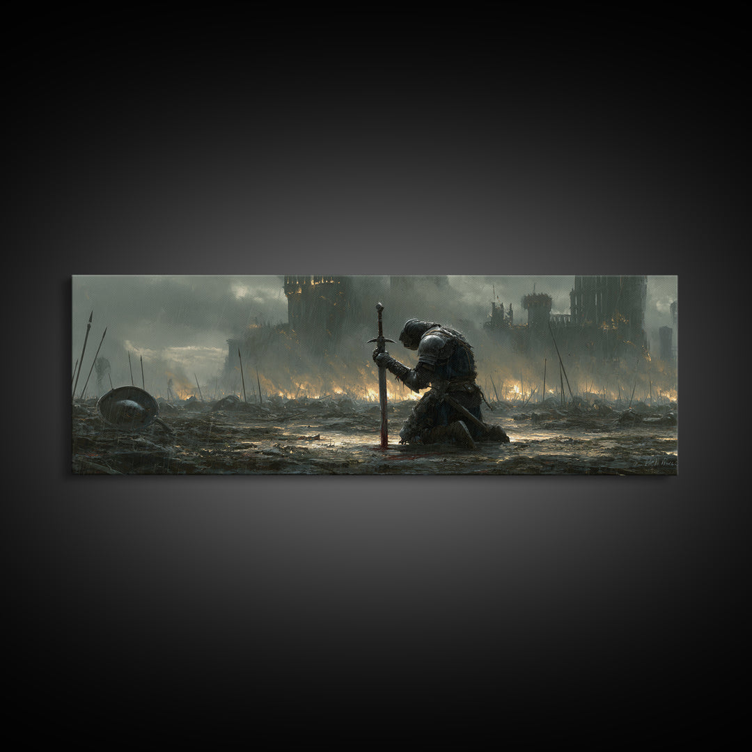 Medieval Knight Kneeling On Battlefield In Rain With Flaming Castle Background Dramatic Wall Art Canvas Print