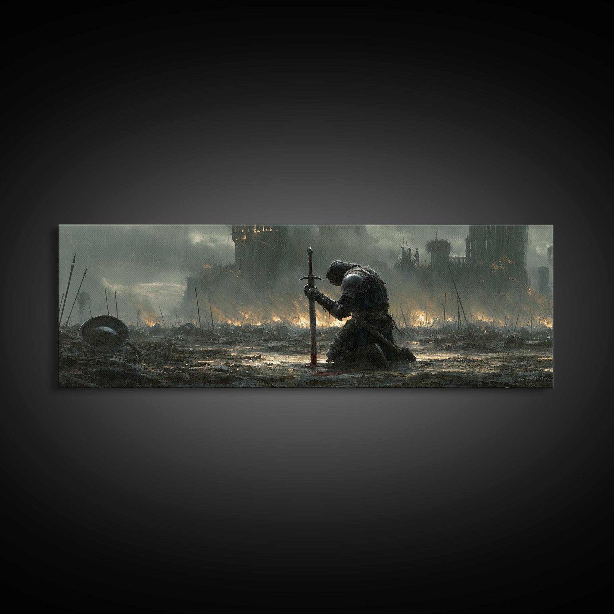 Medieval Knight Kneeling On Battlefield In Rain With Flaming Castle Background Dramatic Wall Art Canvas Print