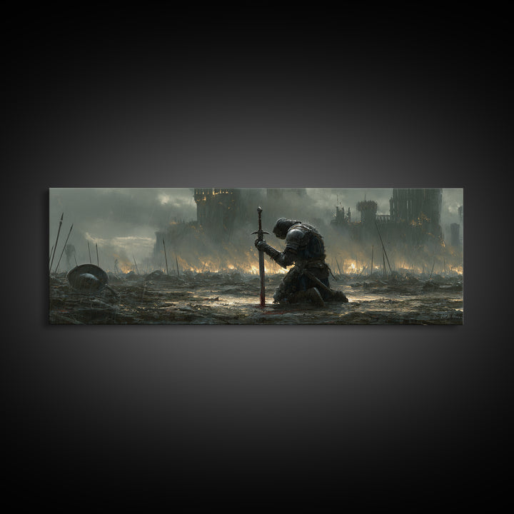 Medieval Knight Kneeling On Battlefield In Rain With Flaming Castle Background Dramatic Wall Art Canvas Print
