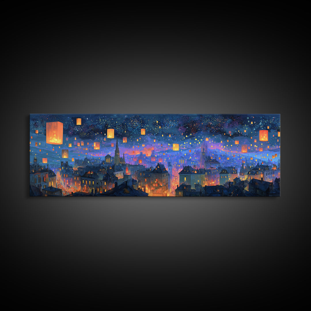 Magical City Skyline With Floating Lanterns And Twinkling Stars Wall Art For Home