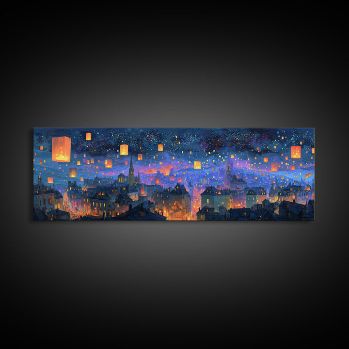 Magical City Skyline With Floating Lanterns And Twinkling Stars Wall Art For Home
