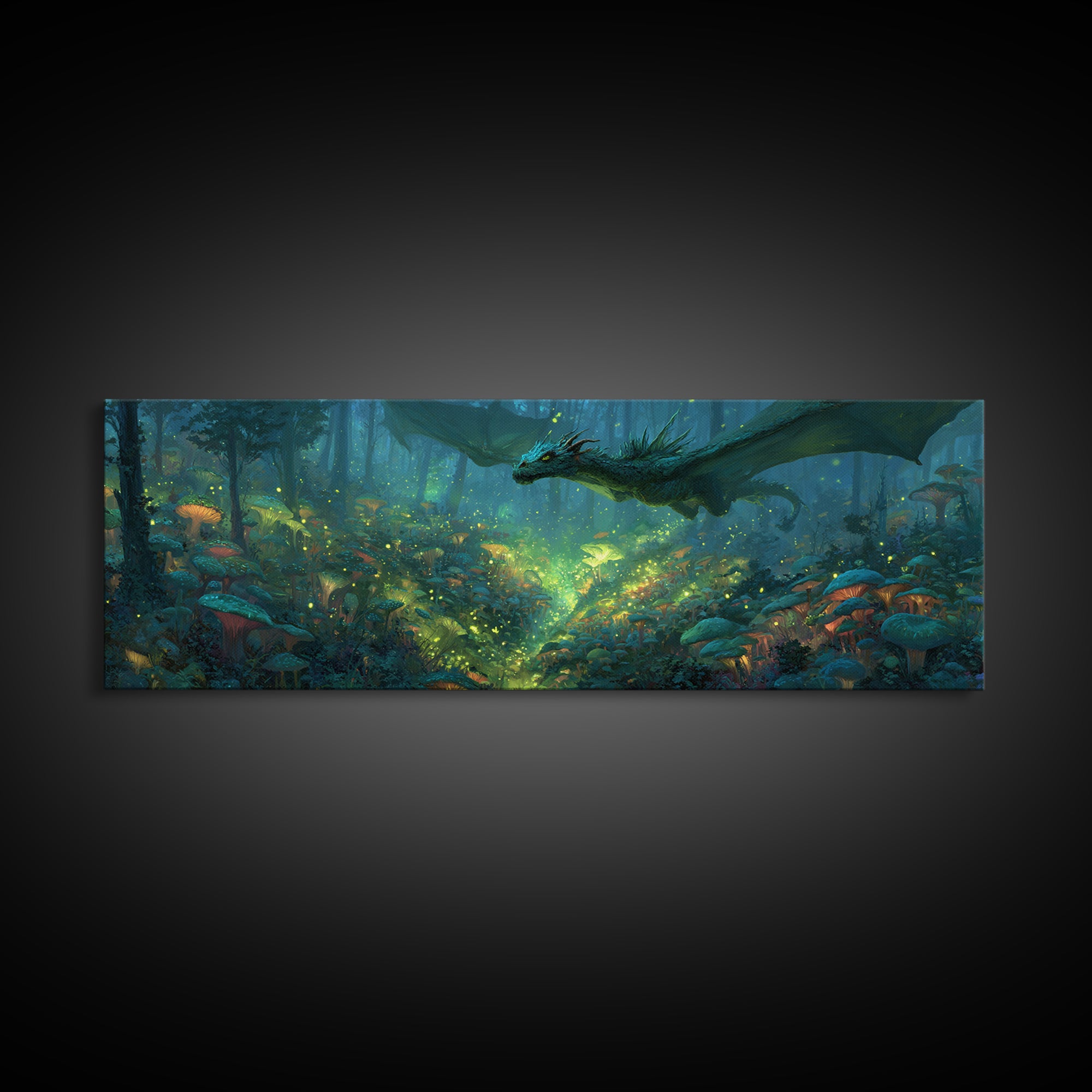 Fantasy Forest Scene With Dragon And Enchanted Glow Magical Wall Art Vibrant Canvas Print For Unique Home Decor And Gift Ideas