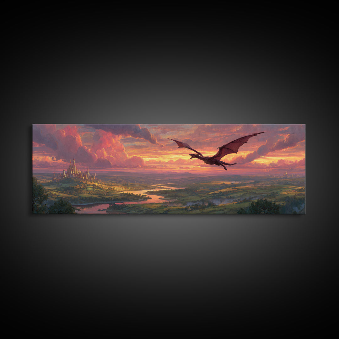 Epic Fantasy Landscape Painting Of A Castle On Hill With A Flying Dragon Under Dramatic Sunset Skies Wall Art
