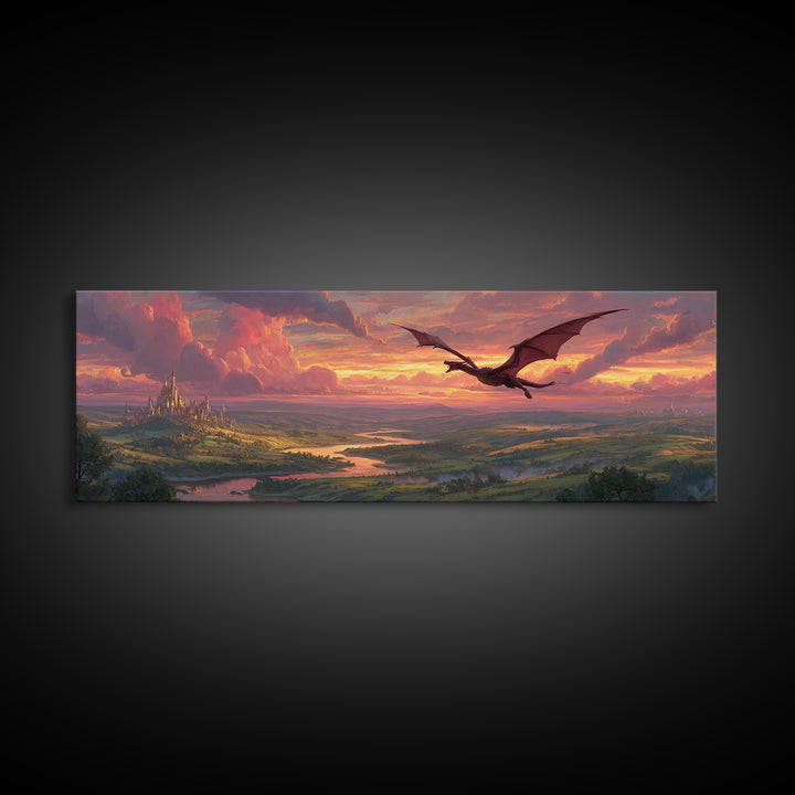Epic Fantasy Landscape Painting Of A Castle On Hill With A Flying Dragon Under Dramatic Sunset Skies Wall Art