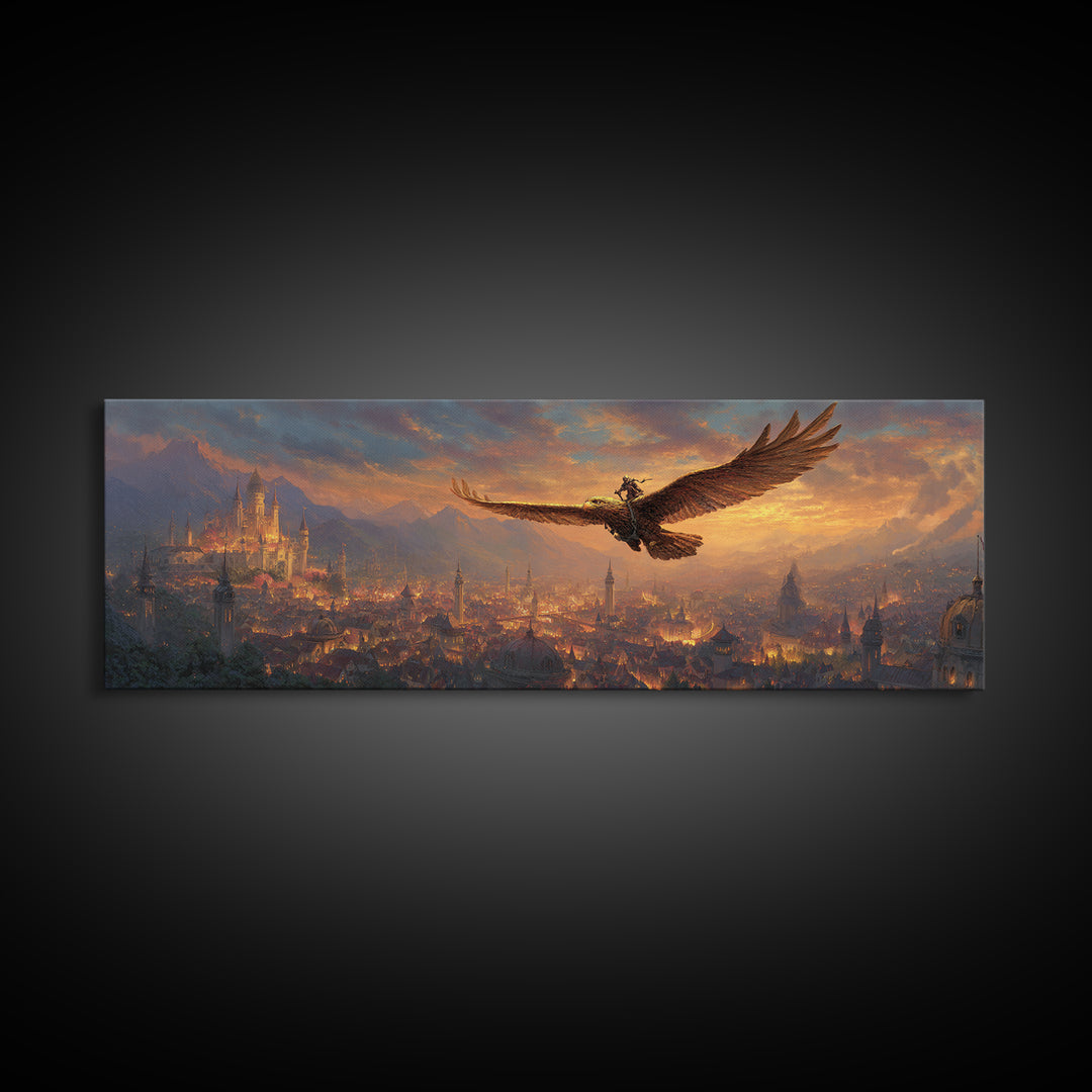 Majestic Castle Landscape With Giant Eagle And Rider At Sunrise Canvas Print Modern Wall Art For Living Room Decor
