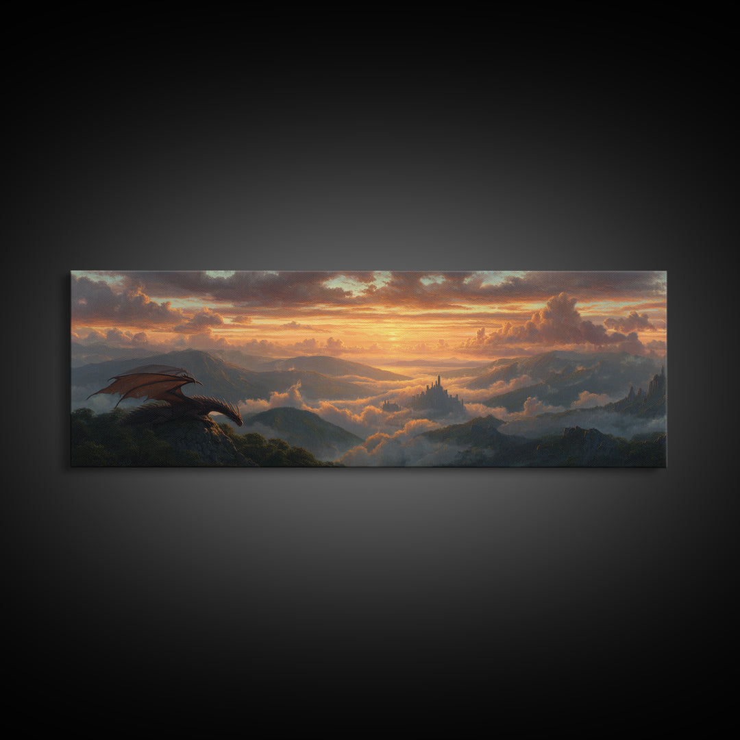 Epic Fantasy Scene With Dragon Flying Over Mountain Landscape At Sunset Large Wall Art Canvas Print For Bedroom Decor