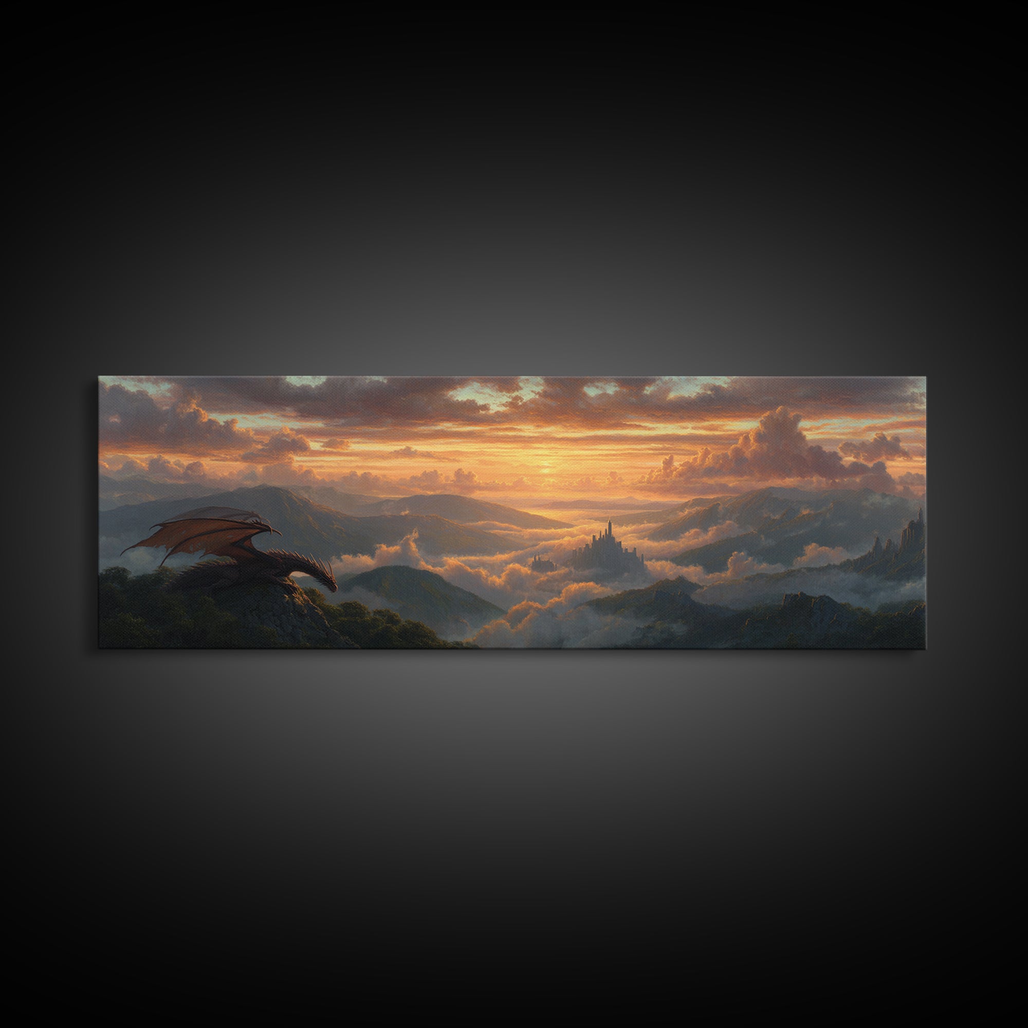 Epic Fantasy Scene With Dragon Flying Over Mountain Landscape At Sunset Large Wall Art Canvas Print For Bedroom Decor