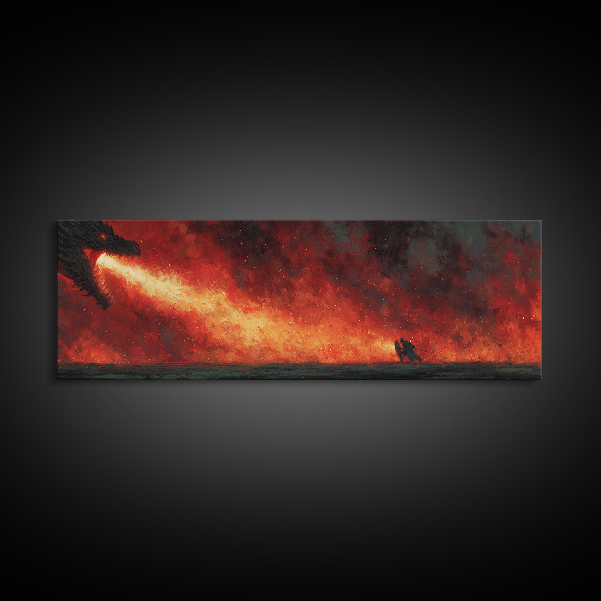 Epic Fantasy Dragon Breathing Fire At Warrior In Armor Wall Art Canvas Print Dramatic Mythical Battle Scene For Game Room Or Man Cave Home Decor