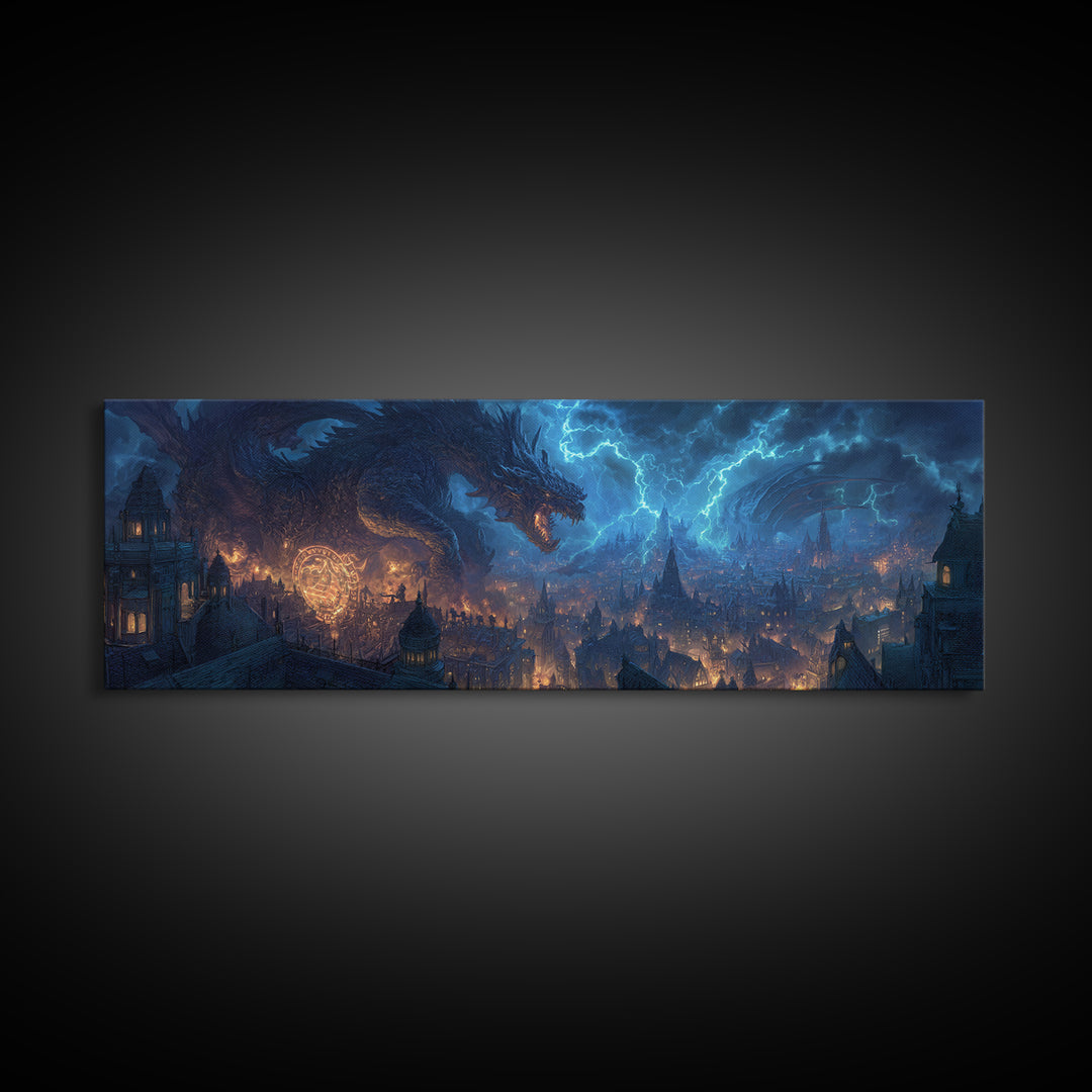 Epic Dragon Breathing Lightning Over Medieval Cityscape Wall Art Dramatic Fantasy Canvas Print Home Decor