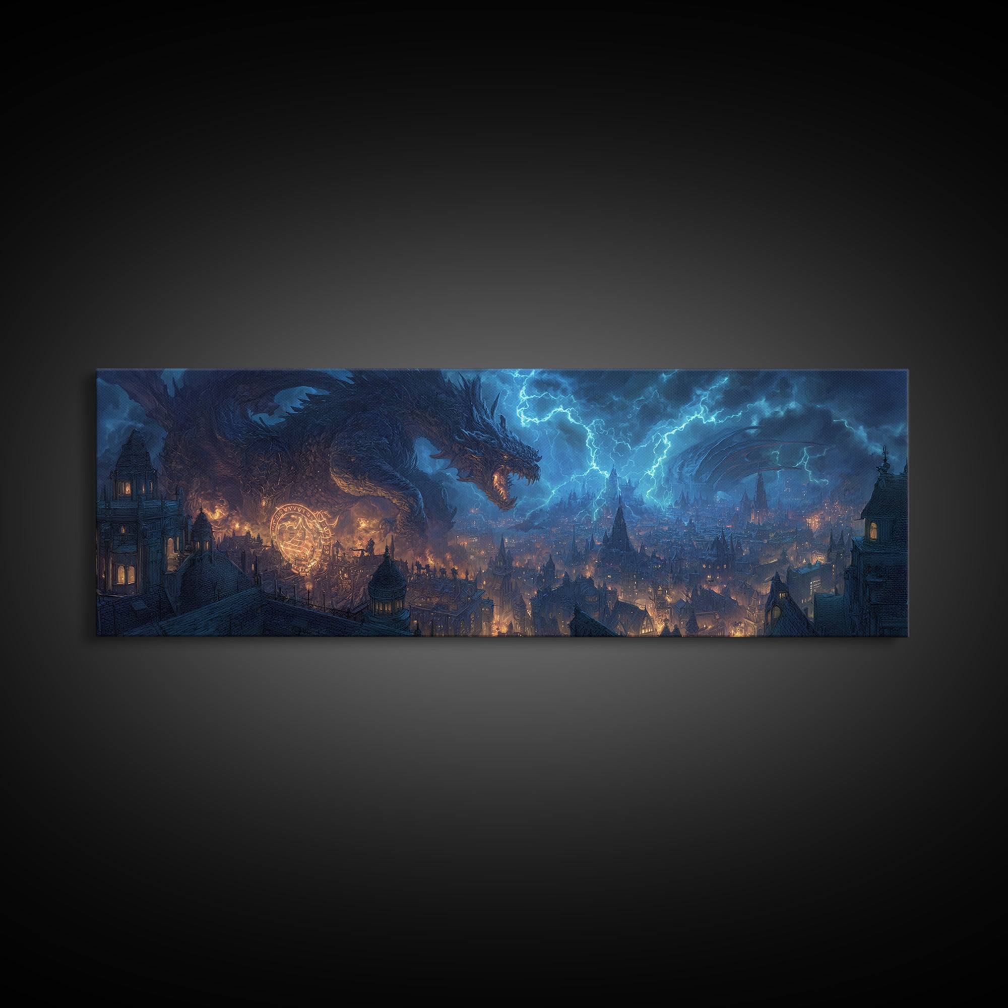 Epic Dragon Breathing Lightning Over Medieval Cityscape Wall Art Dramatic Fantasy Canvas Print Home Decor