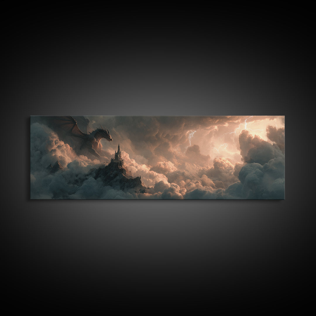 Dark Dragon Castle In Storm Clouds Canvas Print, Epic Fantasy Wall Art, Gothic Decor, Surreal Art, Gift For Gamer, Gaming Room Decor