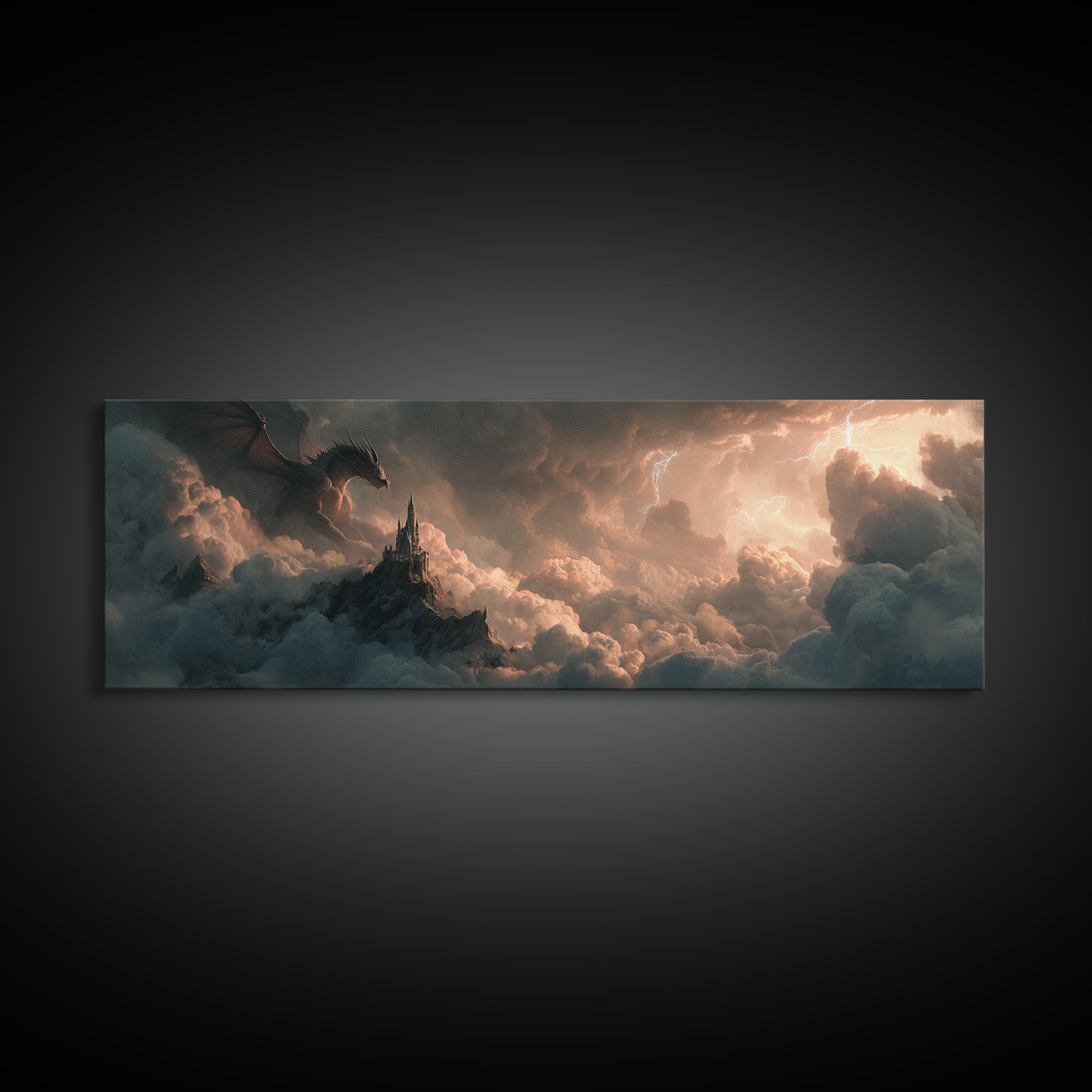 Dark Dragon Castle In Storm Clouds Canvas Print, Epic Fantasy Wall Art, Gothic Decor, Surreal Art, Gift For Gamer, Gaming Room Decor