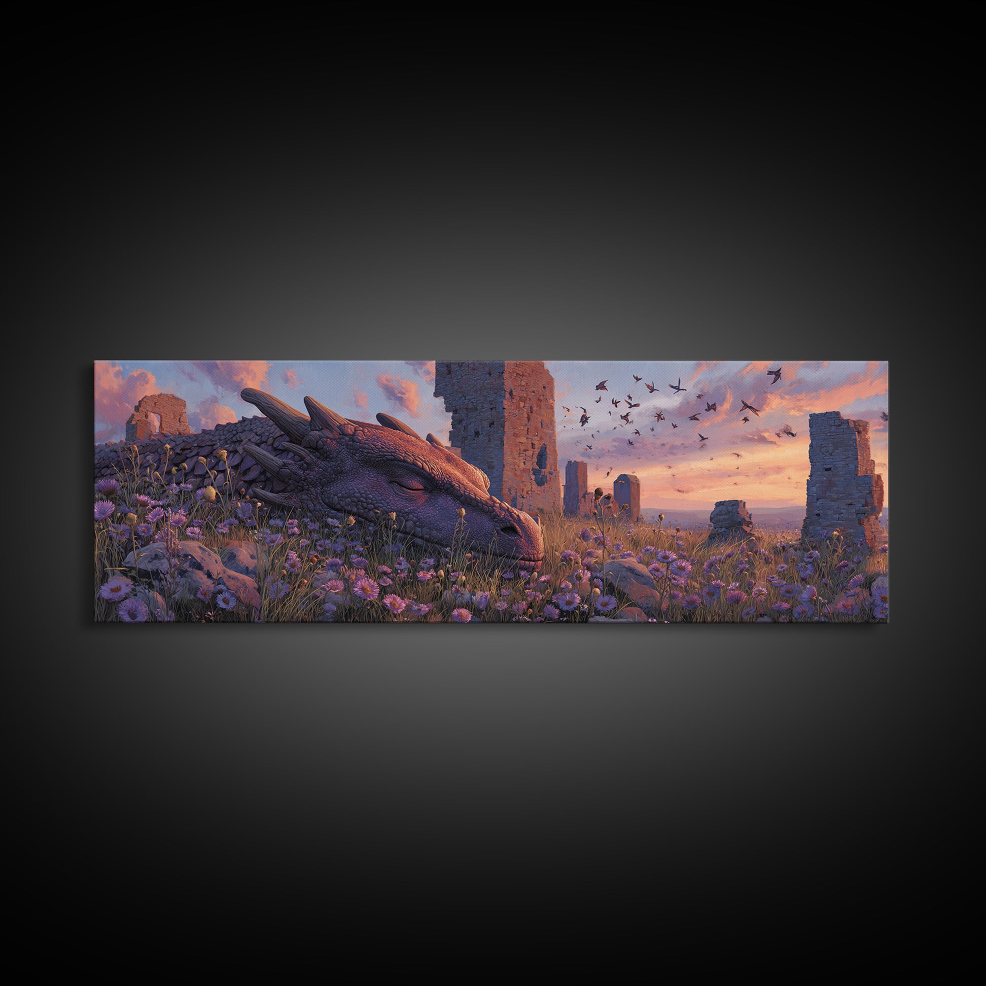 Sleeping Dragon Among Purple Wildflowers With Ancient Ruins Wall Art Print Magical Fantasy Canvas Print