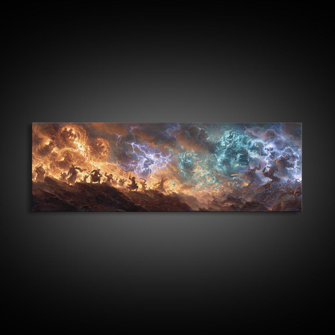 Dynamic Battle Scene Lightning Storm Fantasy Epic War Painting Wall Art Canvas Print For Mythical Home Decor And Unique Art Lovers