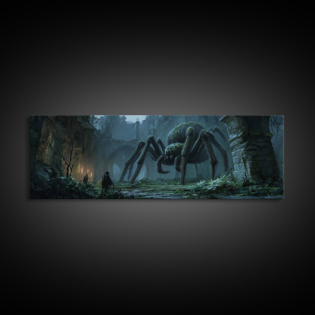 Giant Spider In Ancient Ruins With Adventurers, Dark Fantasy Illustration Wall Art Print, Framed Canvas Print For Gothic And Fantasy Decor