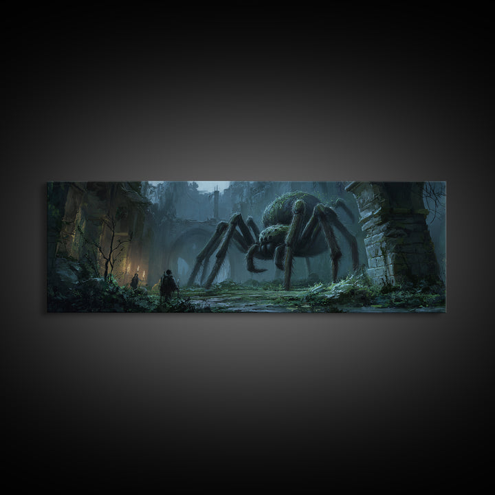Giant Spider In Ancient Ruins With Adventurers, Dark Fantasy Illustration Wall Art Print, Framed Canvas Print For Gothic And Fantasy Decor