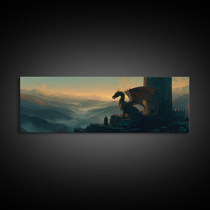 Mystical Scene Of Hooded Figure Facing Dragon On Rocky Ledge Above Foggy Valleys Fantasy Wall Art Canvas Print