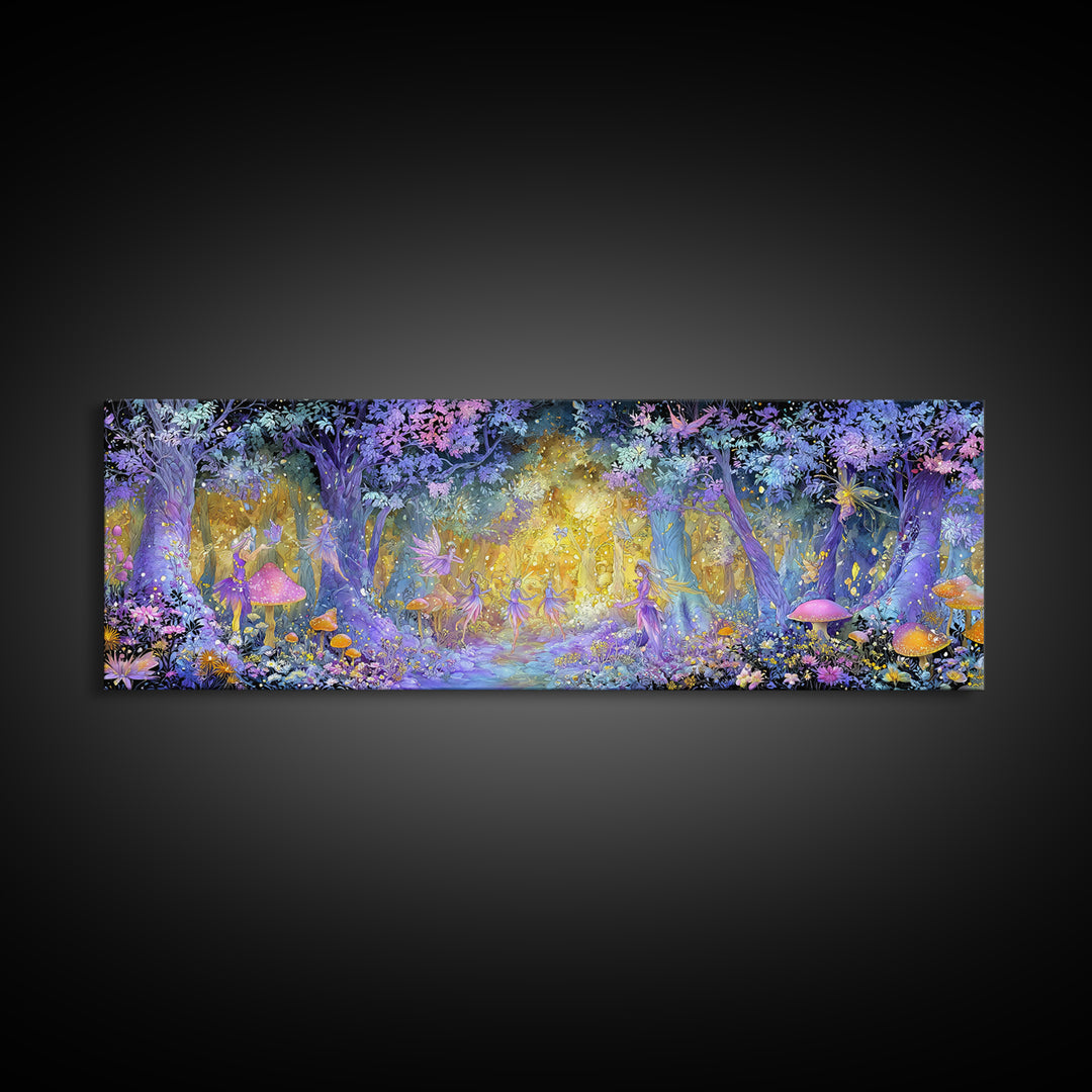 Enchanting Forest Fairy Dance With Magical Mushrooms And Glowing Lights Whimsical Wall Art Framed Canvas Print