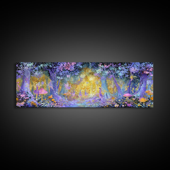 Enchanting Forest Fairy Dance With Magical Mushrooms And Glowing Lights Whimsical Wall Art Framed Canvas Print